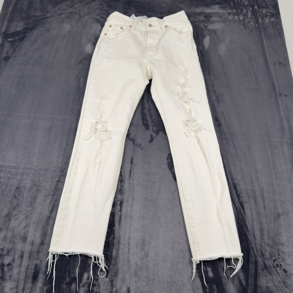 Levi 501 Original Fit Jeans Womens W25 L30 White‎ Distressed Ripped Raw Hem 3063